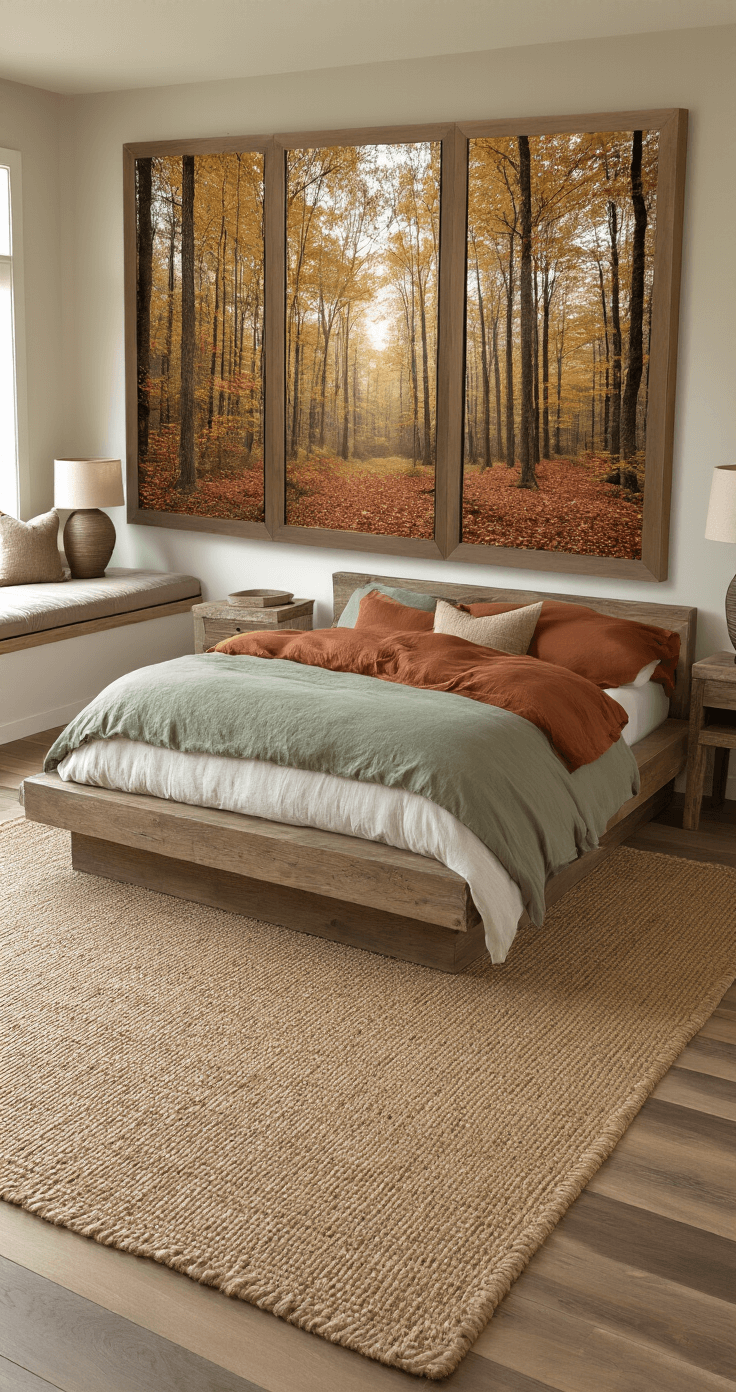 Master bedroom retreat featuring a king-size platform bed with layered earth tone linens, live-edge nightstands with ceramic lamps, a gallery wall of autumn forest photography, a jute area rug over hardwood floors, and a cozy window seat, all bathed in gentle dawn light.