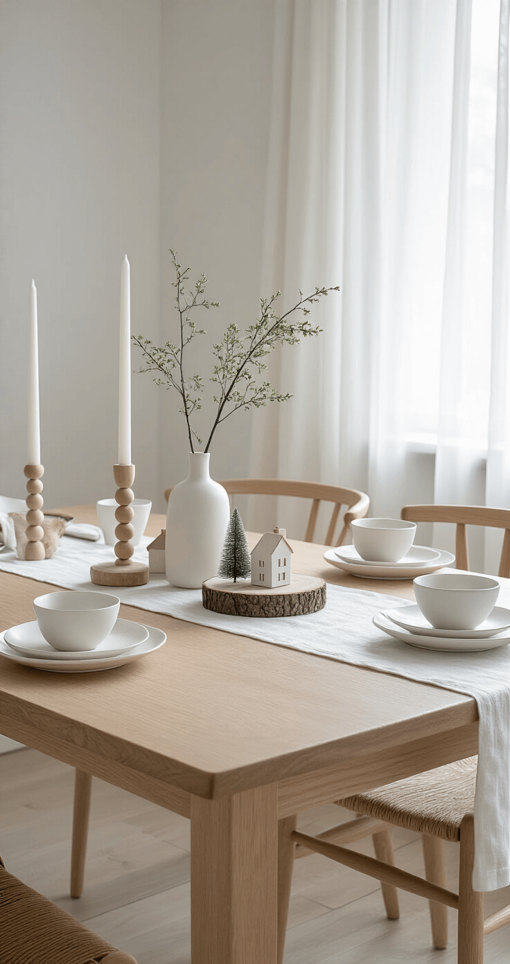 Scandinavian minimalist dining room with an oak table dressed in a white table runner, featuring ceramic houses, bottle brush trees, and wood slice platforms, all bathed in soft morning light through sheer curtains.