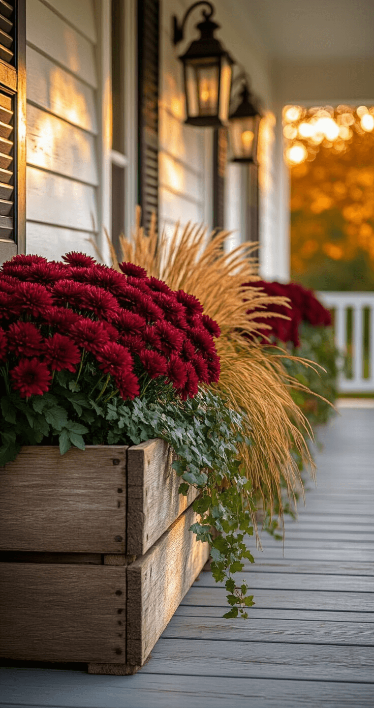 Wide-angle view of a cozy front porch at golden hour, showcasing rustic wooden flower boxes filled with burgundy mums, ornamental grasses, and trailing ivy, with warm amber light illuminating the weathered wood and vintage lanterns, creating an inviting farmhouse atmosphere in rich autumn colors.