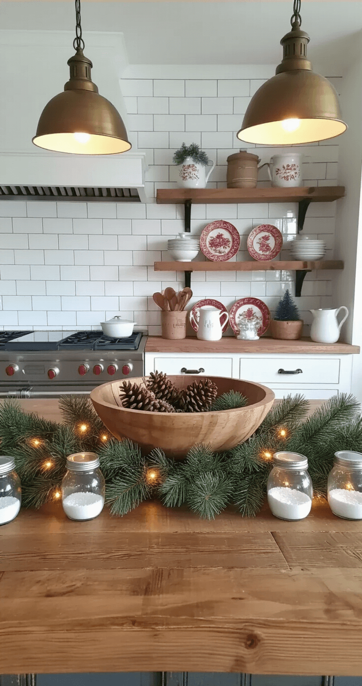 A cozy farmhouse kitchen island centerpiece at blue hour, featuring a reclaimed wood island adorned with a long wooden dough bowl filled with lush pine garland, pinecones, and fairy lights. The backdrop includes a white subway tile backsplash and open shelving with vintage red transferware and cream ironstone pitchers, while pendant lights with aged brass fixtures cast warm light over butcher block countertops. Scattered mason jar snow globes with miniature bottle brush trees and Epsom salt faux snow enhance the whimsical scene, all captured from a slightly elevated angle.