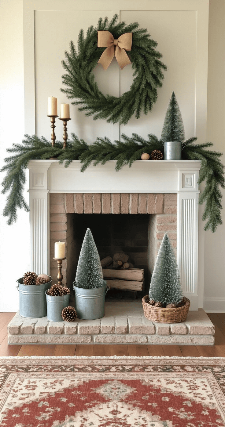 An intimate farmhouse mantel vignette at golden hour, featuring a thick pine garland, asymmetric bottle brush trees in cream and sage green, vintage brass candlesticks with cream pillar candles, galvanized buckets with pinecones and wooden ornaments, and a large evergreen wreath with a burlap bow above a stone fireplace, complemented by a worn Persian rug and soft window light casting shadows on textured surfaces.