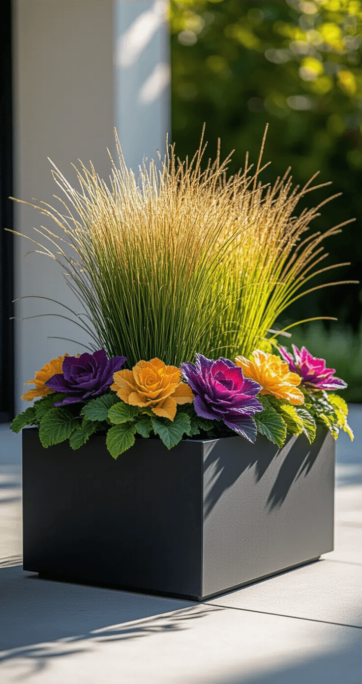 Close-up macro shot of a modern black rectangular planter on a concrete patio, featuring tall fountain grass, colorful ornamental cabbage, and cascading wire vine, illuminated by morning light, showcasing vibrant purples, golden yellows, and deep greens with crisp shadows and soft background blur.
