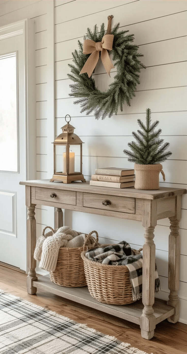 Charming farmhouse entryway featuring a weathered wooden console table against a warm white shiplap wall, adorned with a vintage brass lantern, potted evergreen, and stacked holiday books, complemented by a simple wreath on a paneled door, with natural light filtering through frosted glass panels.