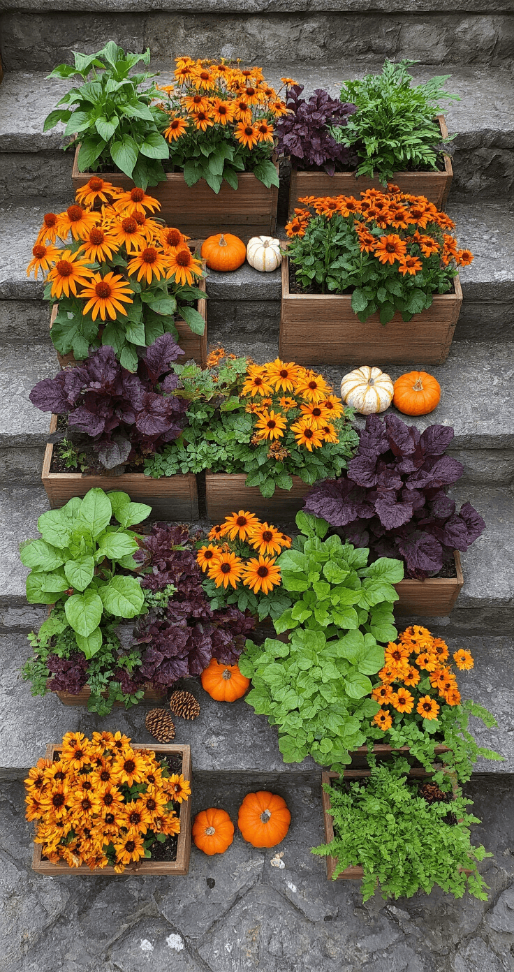 Overhead view of layered autumn cottage garden flower boxes on weathered stone steps, featuring echinacea, Swiss chard, and trailing sedums in rich burgundy, orange, and emerald tones, with decorative mini pumpkins and pinecones scattered around.