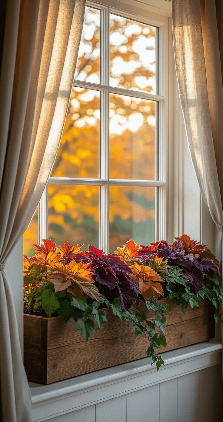Interior window view featuring vibrant window boxes filled with ornamental kale, heuchera, and cascading ivy, set against a backdrop of autumn trees. Warm golden hour light filters through sheer curtains, highlighting rich purples, burnt oranges, and deep reds in rustic wooden planters, creating a cozy atmosphere.
