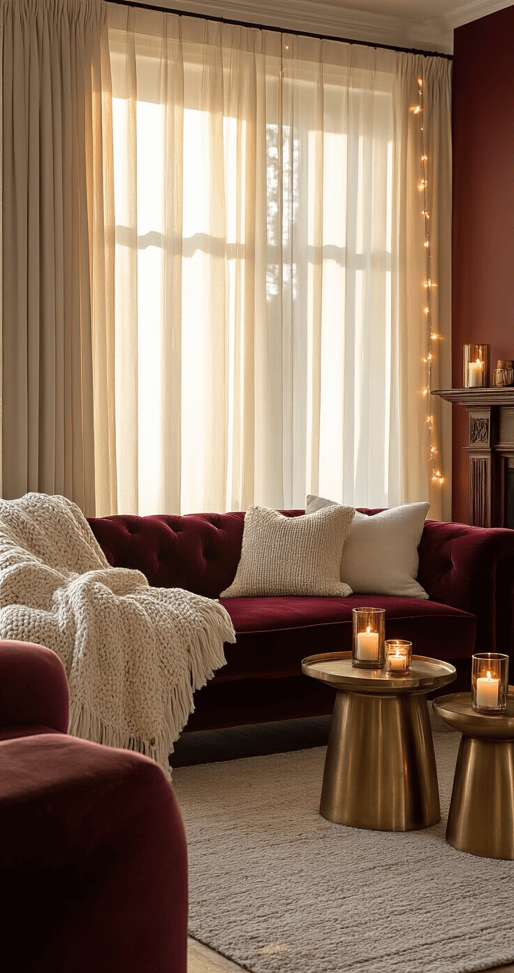 A cozy living room bathed in warm golden hour light, featuring a burgundy velvet sofa adorned with cream knit throws, brass side tables with flickering candles, and copper string lights on a dark wood mantelpiece, all in a rich color palette of burgundy and brass.
