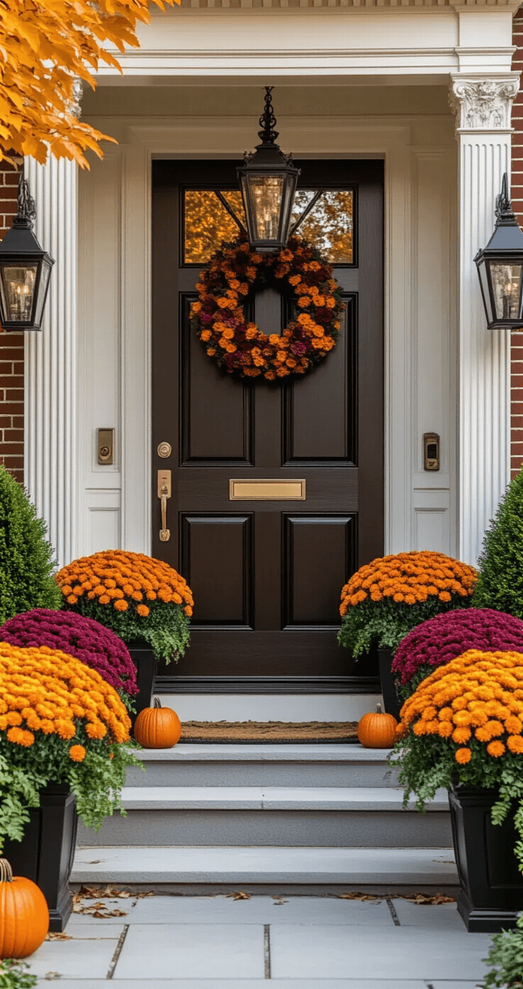 Wide shot of an elegant front entrance with symmetrical flower boxes, a dark wooden door, and seasonal decor including mums, ornamental cabbage, trailing ivy, decorative lanterns, and mini pumpkins, illuminated by soft morning light.