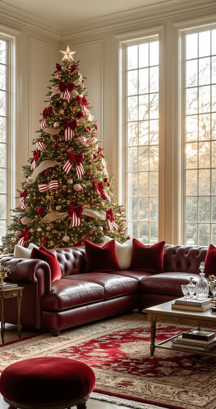 Luxurious living room featuring a 9ft Fraser fir Christmas tree with oversized red and white striped velvet bows, warm golden hour lighting, a burgundy leather sectional, layered Persian rugs, textured velvet throw pillows, ornate brass picture frames, crystal decanters, and a cozy sophisticated atmosphere, shot from a low angle to highlight the tree's grandeur.