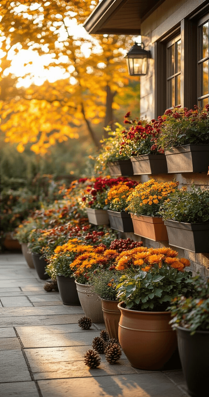A cozy patio corner featuring varied-height flower boxes arranged in an organic autumn garden, illuminated by golden hour light. Rustic and modern planters showcase colorful plants, with seasonal accessories like pinecones and berry branches adding texture, all set against a warm color palette of deep reds, burnt oranges, and rich purples.