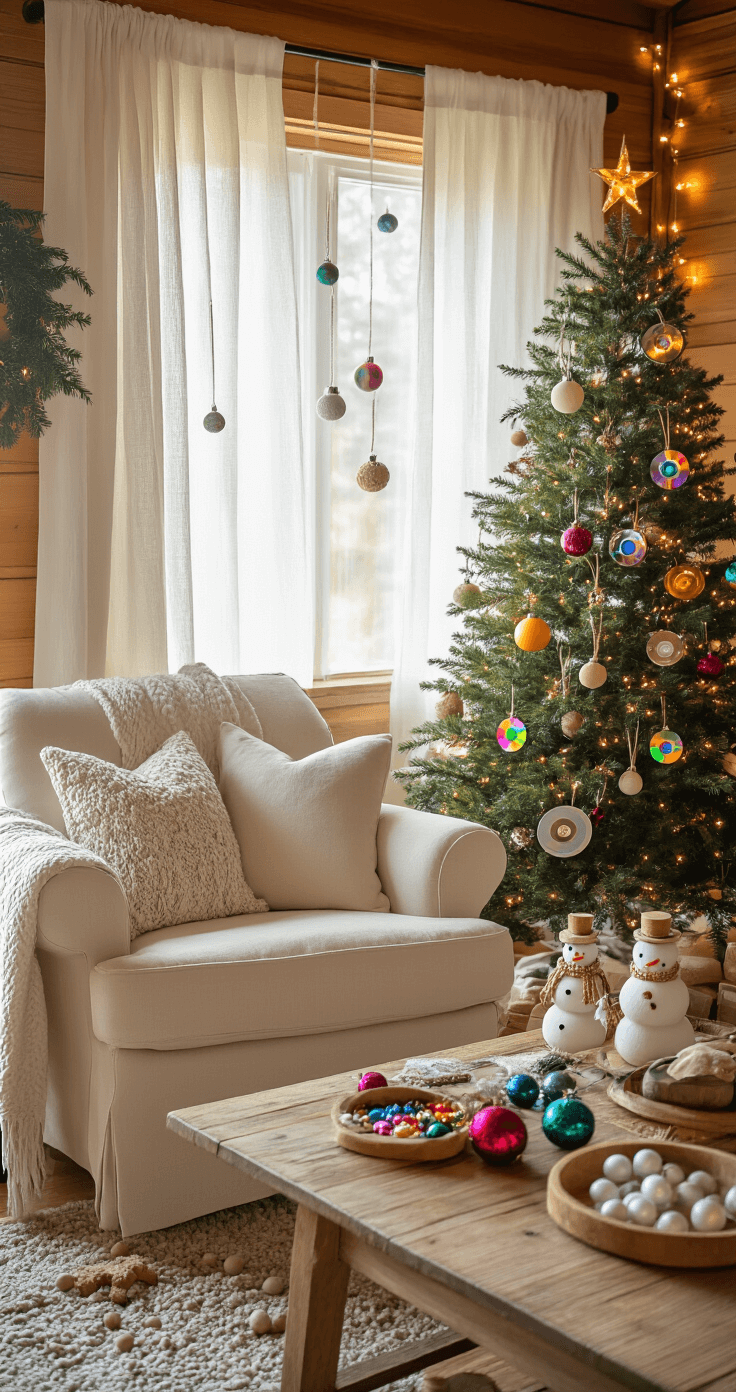 A cozy family den with a noble fir tree adorned with handmade DIY ornaments, including velvet-wrapped baubles, wooden bead snowmen, and upcycled CD ornaments, all illuminated by soft morning light filtering through sheer curtains. A comfortable cream linen armchair and a wooden coffee table displaying crafting supplies enhance the creative homey atmosphere, surrounded by rustic pine walls and warm Edison bulb string lighting.