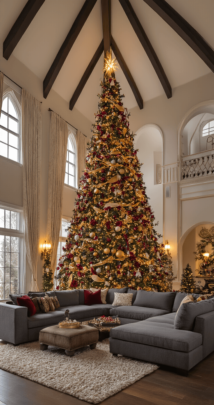 A grand maximalist Christmas tree adorned with rich burgundy and gold ornaments, layered decorations, and tiny figurines fills a spacious great room with a cathedral ceiling, illuminated by warm evening lighting and battery-operated micro lights, complemented by a charcoal gray sectional and textured wool area rugs, creating a joyful and atmospheric holiday scene.