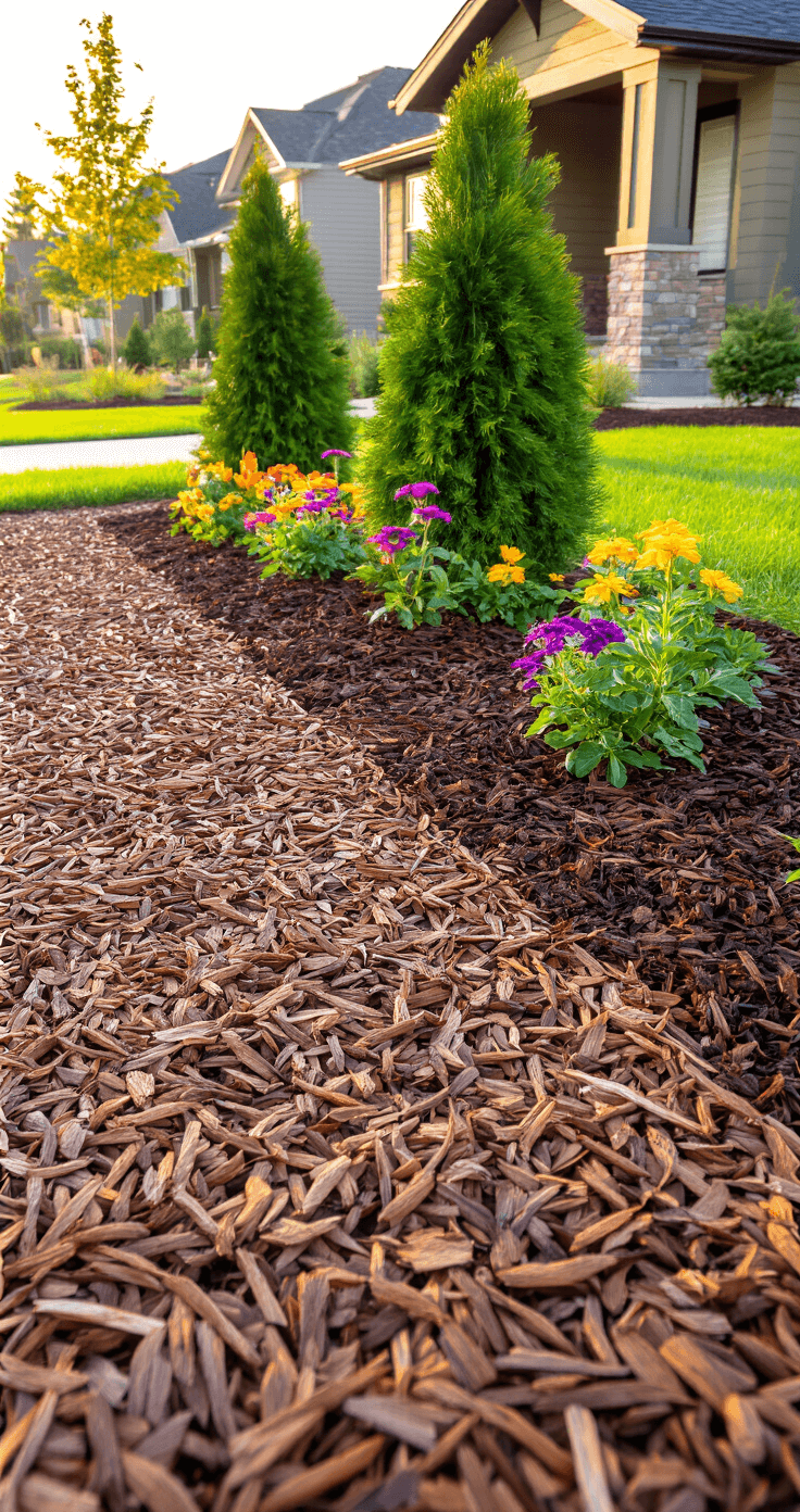 Mulch Landscaping: Transform Your Outdoor Space with Style and Function Professional landscape photo of a modern front yard with brown wood chip mulch beds around mature evergreens and colorful perennials, captured during golden hour, emphasizing mulch texture and moisture glistening, with a contemporary home in the background.