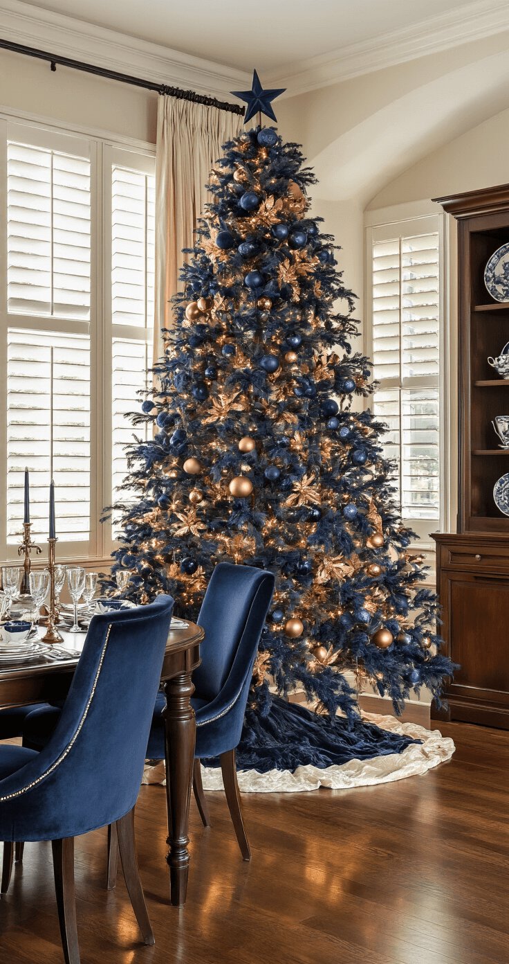 Elegant formal dining room with a navy and copper themed tree, featuring a dark walnut dining table and velvet upholstered chairs, illuminated by soft afternoon light through plantation shutters, rich mahogany built-in cabinets, cream silk curtains, and polished hardwood floors. Fine china is displayed in the background, conveying a refined and upscale atmosphere.