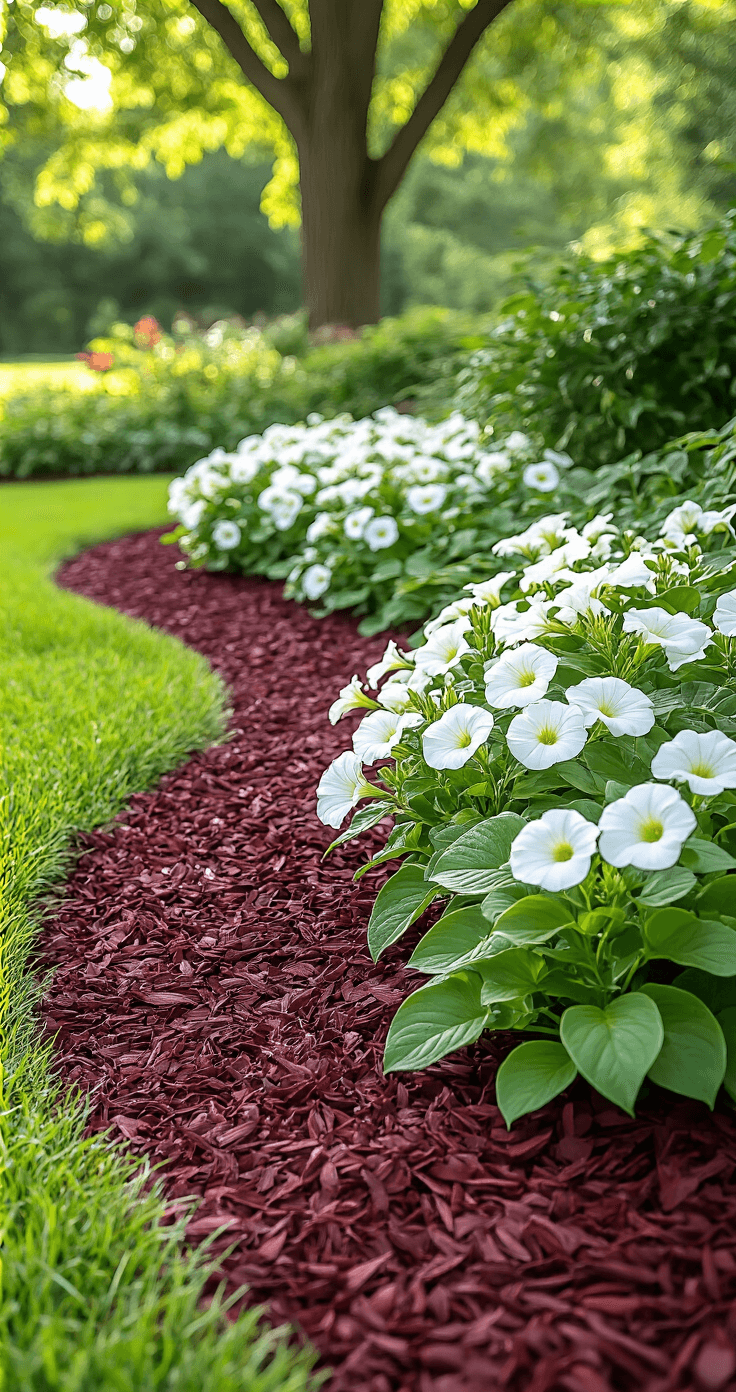 Mulch Landscaping: Transform Your Outdoor Space with Style and Function A beautifully designed garden scene featuring vibrant red mulch outlining blooming white petunias and lush green hostas, with dappled sunlight filtering through trees, highlighting the rich textures and colors of the landscape.