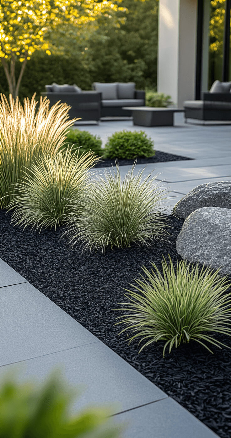 Mulch Landscaping: Transform Your Outdoor Space with Style and Function Elegant backyard landscape with black mulch beds, ornamental grasses, and architectural plants, highlighted by late afternoon light. Features modern minimalist design, decorative boulders, and contemporary outdoor furniture.