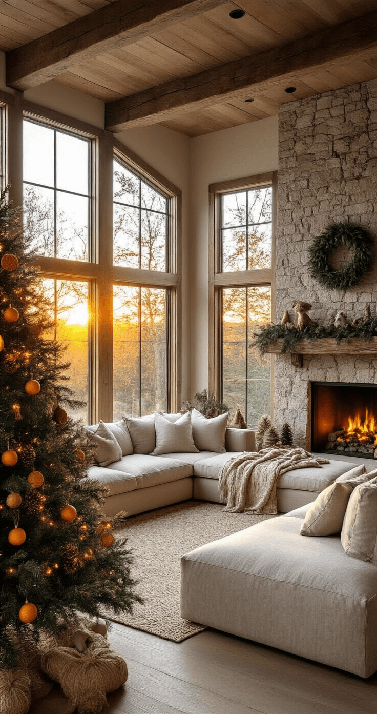 Cozy rustic modern living space featuring a woodland Christmas tree, warm sunset light through large windows, reclaimed wood mantle adorned with greenery, an oatmeal linen sectional, dried citrus ornaments, and small woodland creature figurines, all highlighting a peaceful atmosphere.