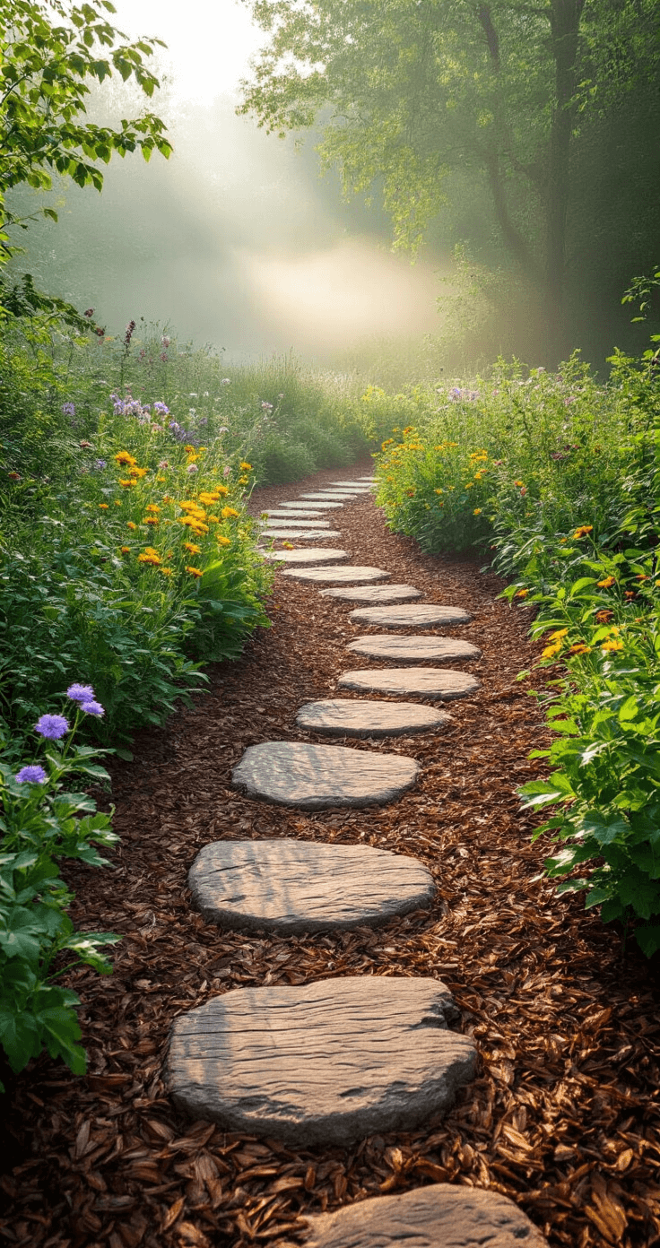 Mulch Landscaping: Transform Your Outdoor Space with Style and Function A rustic garden pathway featuring natural bark mulch and wildflower plantings, with early morning mist creating soft lighting across the textured surface, weathered wood stepping stones, and a harmonious blend of organic elements and colors.