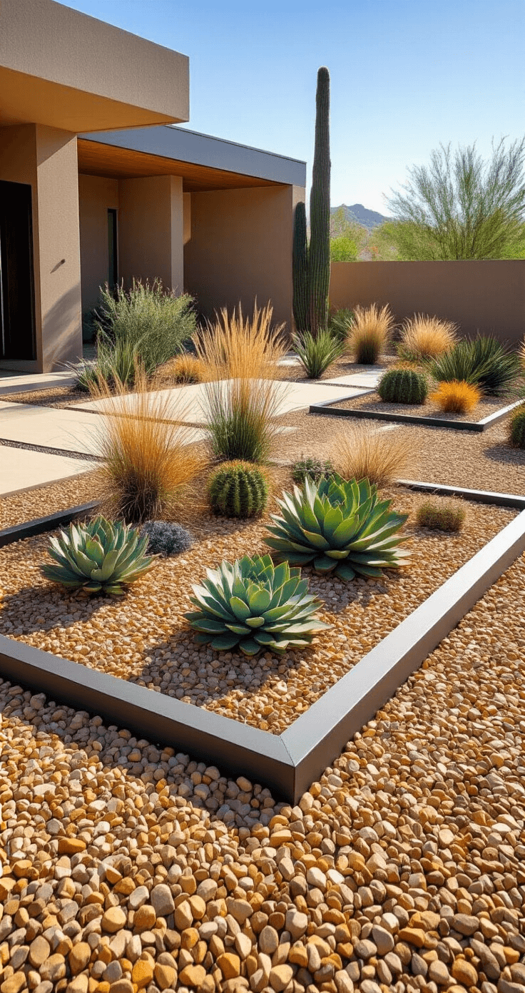 Mulch Landscaping: Transform Your Outdoor Space with Style and Function Contemporary xeriscape garden with golden gravel mulch, drought-resistant succulents, and ornamental grasses. Geometric planting beds with metal edging create intricate patterns under bright sunlight, emphasizing texture and water-wise principles.