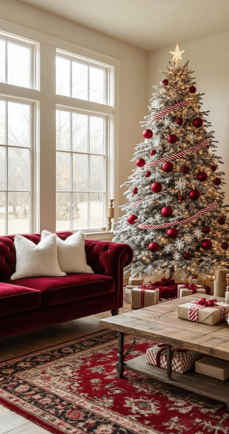 Cozy living room featuring a flocked Christmas tree adorned with matte red ornaments and white ceramic snowflakes, warm golden hour light streaming through large windows, a deep burgundy velvet sofa with cream throw pillows, hardwood floors with a vintage Persian rug, and wrapped gifts beneath the tree with a red knit skirt, all in a rustic farmhouse setting.