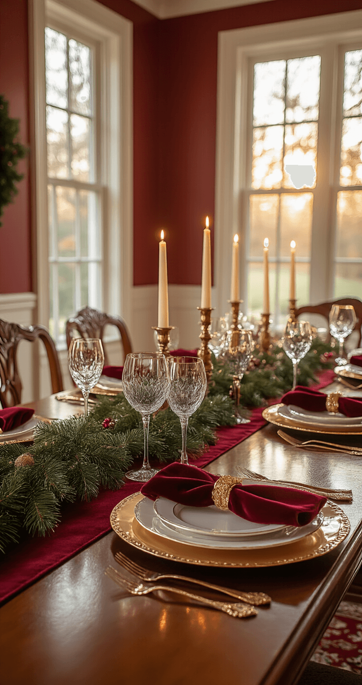 Elegant Christmas dining room with warm golden hour lighting. Long mahogany table set with burgundy runner, gold chargers, white china, and crystal glasses. Pine garland centerpiece, ivory candles, and rich red napkins with gold rings. Deep emerald walls and hardwood floors with a Persian rug create a luxurious holiday atmosphere.