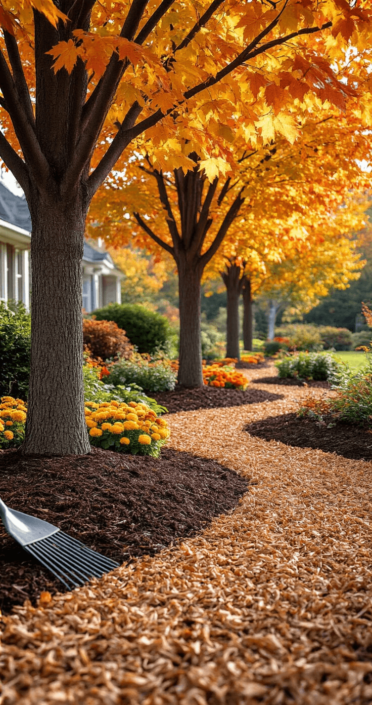 Mulch Landscaping: Transform Your Outdoor Space with Style and Function Autumn garden with fresh mulch around mature maple trees and fall perennials, basking in warm afternoon light, showcasing rake marks in organic mulch, highlighting professional landscaping techniques.