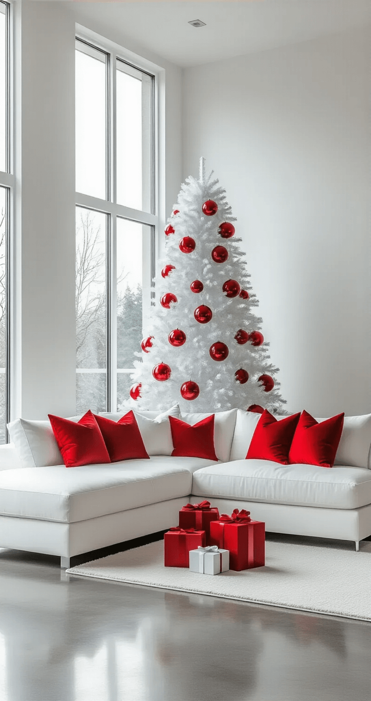 Modern minimalist living space with a white artificial Christmas tree decorated with glossy red spheres and geometric ornaments, a white sectional sofa with red accent pillows, polished concrete floors, and floor-to-ceiling windows. The composition features a sleek glass coffee table, chrome fixtures, and a few wrapped gifts, all creating a crisp contemporary atmosphere.