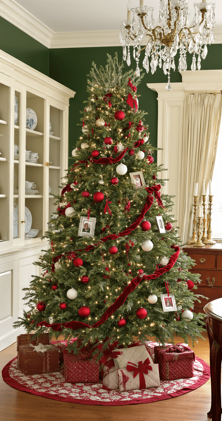 A traditional green Christmas tree adorned with red and white ornaments and vintage decorations stands in an elegant dining room with deep forest walls and cream wainscoting, illuminated by soft ambient light from a crystal chandelier. Rich mahogany furniture complements the scene, with antique wooden presents under the tree and a quilted red toile tree skirt. The warm lighting creates a classic holiday atmosphere, enhanced by brass candlesticks and fine china in the background cabinets.