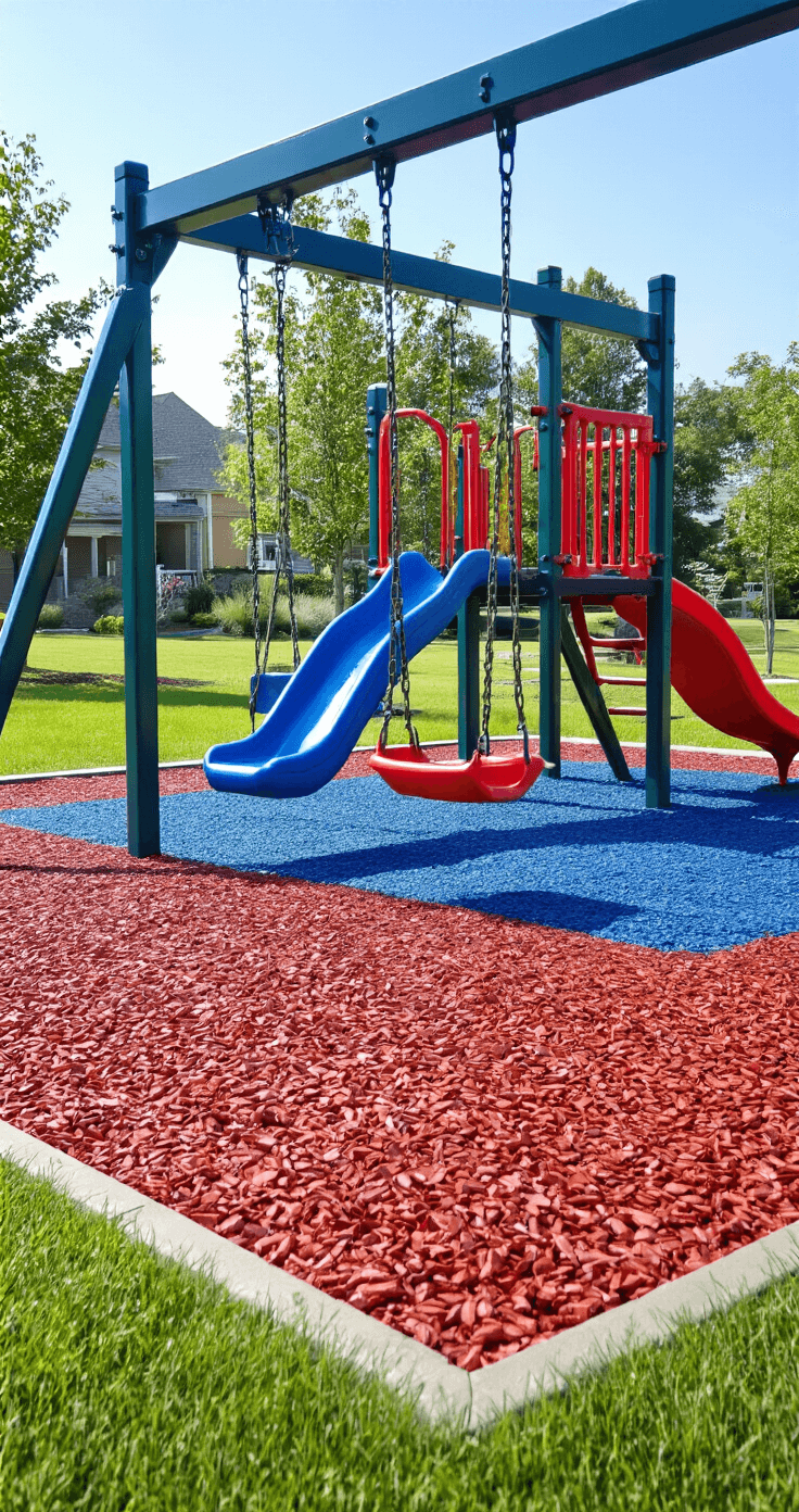 Mulch Landscaping: Transform Your Outdoor Space with Style and Function Colorful rubber mulch surface in a playground safety area under a swing set and climbing equipment, featuring vibrant red and blue recycled rubber pieces, with clean borders separating the mulch from the grass lawn, viewed from eye level to highlight the depth and coverage.