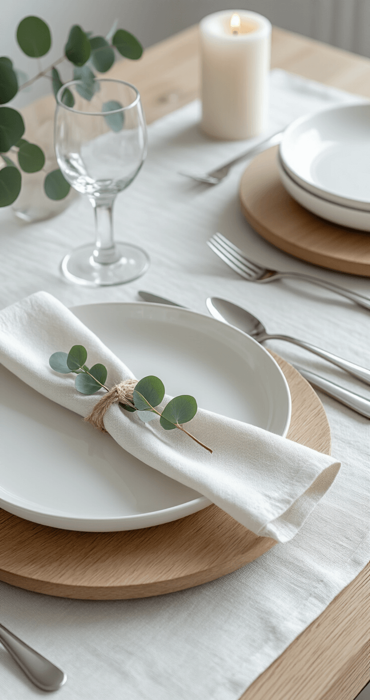 Close-up image of a minimalist Scandinavian dining setup featuring a white linen tablecloth, wooden charger plates, white porcelain dishes, a eucalyptus sprig tied with twine on a napkin, a white pillar candle, a clear glass goblet, and silver cutlery, all set against a light pine wood table and pale gray walls, captured in bright natural light.