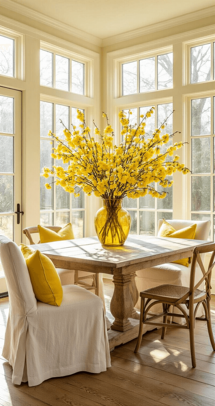 Winter Jasmine: The Vibrant Yellow Harbinger of Spring's Arrival Elegant sunroom with floor-to-ceiling windows, showcasing a large winter jasmine arrangement in an amber glass vase on a rustic oak dining table, surrounded by cream linen chairs and soft yellow throw pillows. Natural light highlights the yellow blooms against a neutral backdrop.