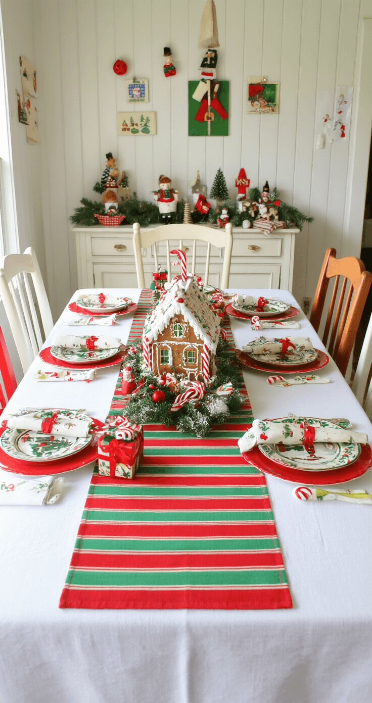 A festive Christmas dining table set with a bright red and green striped runner, colorful ceramic plates, and small wrapped gifts at each place setting. The centerpiece features a gingerbread house surrounded by toy soldiers, with candy canes tucked into napkins. The setting includes vintage chairs, children's artwork on white beadboard walls, and warm, cheerful afternoon lighting at a child's eye level.