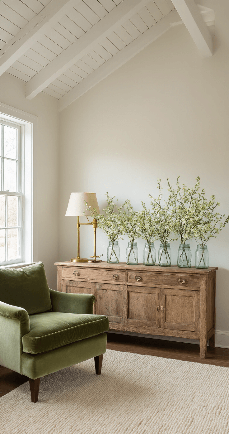 Winter Jasmine: The Vibrant Yellow Harbinger of Spring's Arrival Cozy living room corner with exposed white beams, featuring a vintage wooden console holding winter jasmine in mason jars, a sage green velvet armchair, and a cream wool rug, all bathed in warm afternoon light.