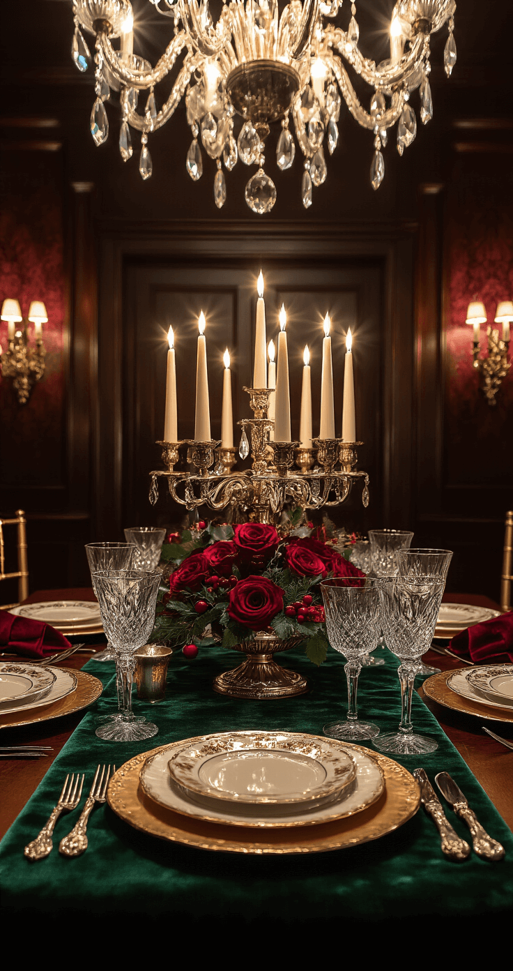 Dramatic low angle shot of an elegant dining table setting with a deep green velvet runner, gold charger plates, and fine china, surrounded by crystal wine glasses and a luxurious floral centerpiece, under moody candlelight and a sparkling chandelier.