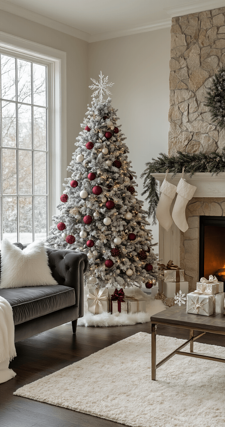 Sophisticated living room featuring a flocked Christmas tree adorned with burgundy and pearl ornaments, nestled by a stone fireplace. Charcoal gray velvet furniture with white cashmere throws contrasts against dark hardwood flooring, complemented by a cream area rug. Golden afternoon light casts dramatic shadows, highlighting crystal snowflake ornaments and luxurious white satin ribbons on the tree. Designer gift boxes with metallic paper and a plush white faux fur tree skirt enhance the upscale holiday ambiance, framed by a marble mantel and fresh greenery garland.
