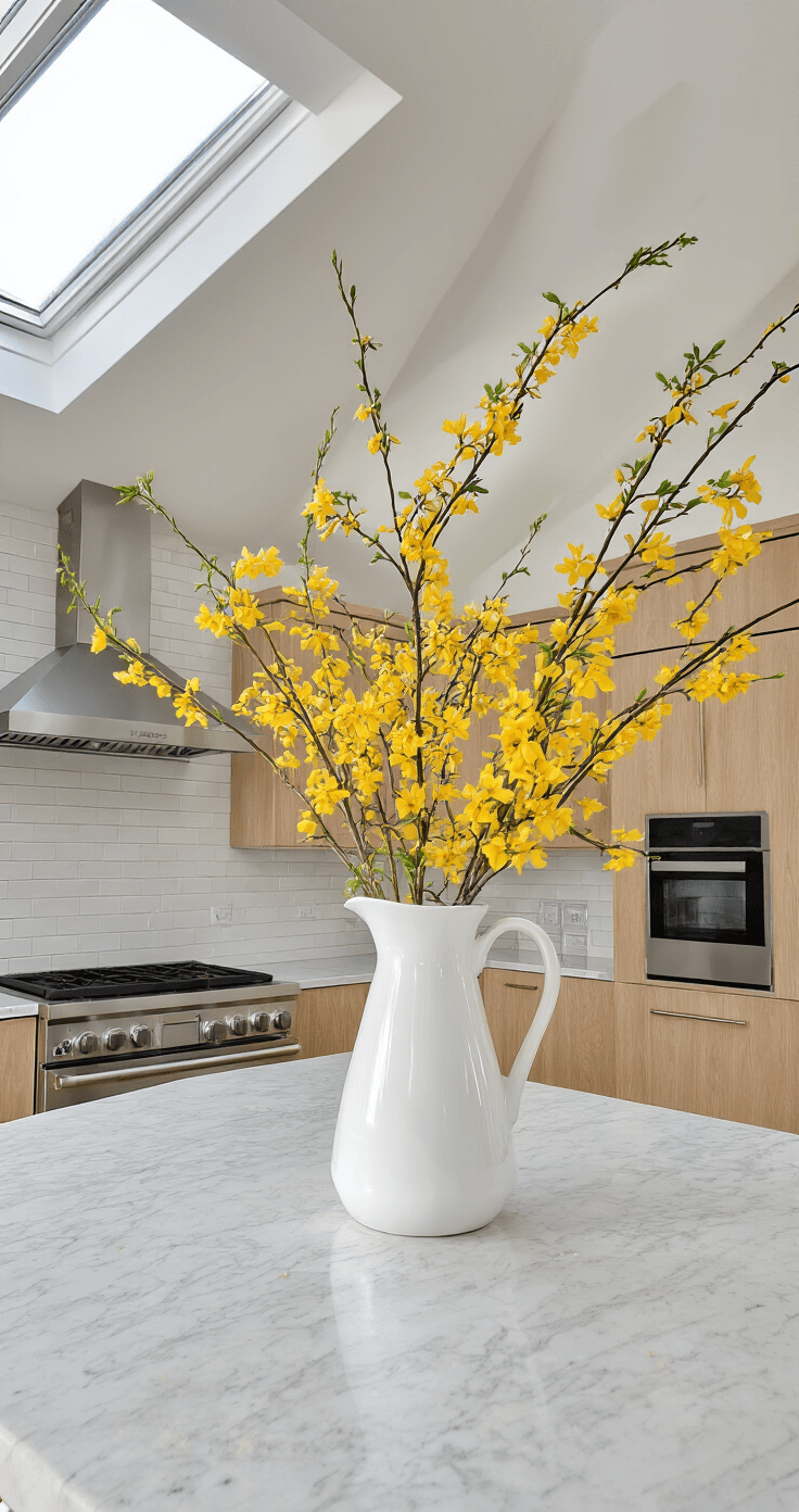 Winter Jasmine: The Vibrant Yellow Harbinger of Spring's Arrival A modern kitchen island with a vaulted ceiling and skylights, showcasing fresh winter jasmine in a white ceramic pitcher on a marble countertop, surrounded by stainless steel appliances and light oak cabinets, all under bright morning light.
