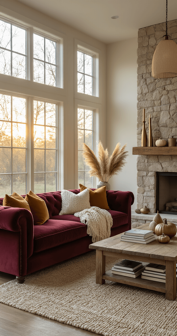 Transform Your Home Into a Cozy Fall Haven: The Complete Guide to Autumn Room Decor Medium shot of a cozy living room bathed in golden hour light, featuring a burgundy velvet sofa with cream pillows and a mustard throw, a reclaimed wood coffee table with books and ceramic pumpkins, a stone fireplace with brass candlesticks and pampas grass, and a textured wool rug over hardwood floors.