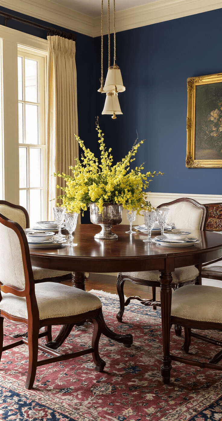 Winter Jasmine: The Vibrant Yellow Harbinger of Spring's Arrival Traditional dining room featuring navy blue walls and cream wainscoting, illuminated by warm candlelight and pendant lighting. An antique silver bowl with winter jasmine serves as a centerpiece on a mahogany table, surrounded by crystal glasses catching the light. Rich silk curtains and a Persian rug enhance the room's formal elegance and floral sophistication.
