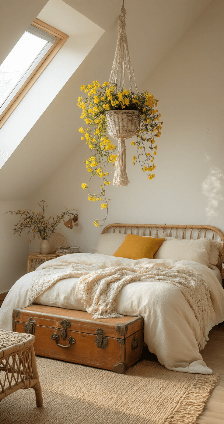 Winter Jasmine: The Vibrant Yellow Harbinger of Spring's Arrival A cozy bohemian bedroom corner with a slanted ceiling and dormer window, featuring soft dawn light illuminating trailing winter jasmine from a macrame planter above a vintage trunk, layered cream and mustard textiles, a jute rug, and rattan furniture, capturing a dreamy morning atmosphere with golden blooms.