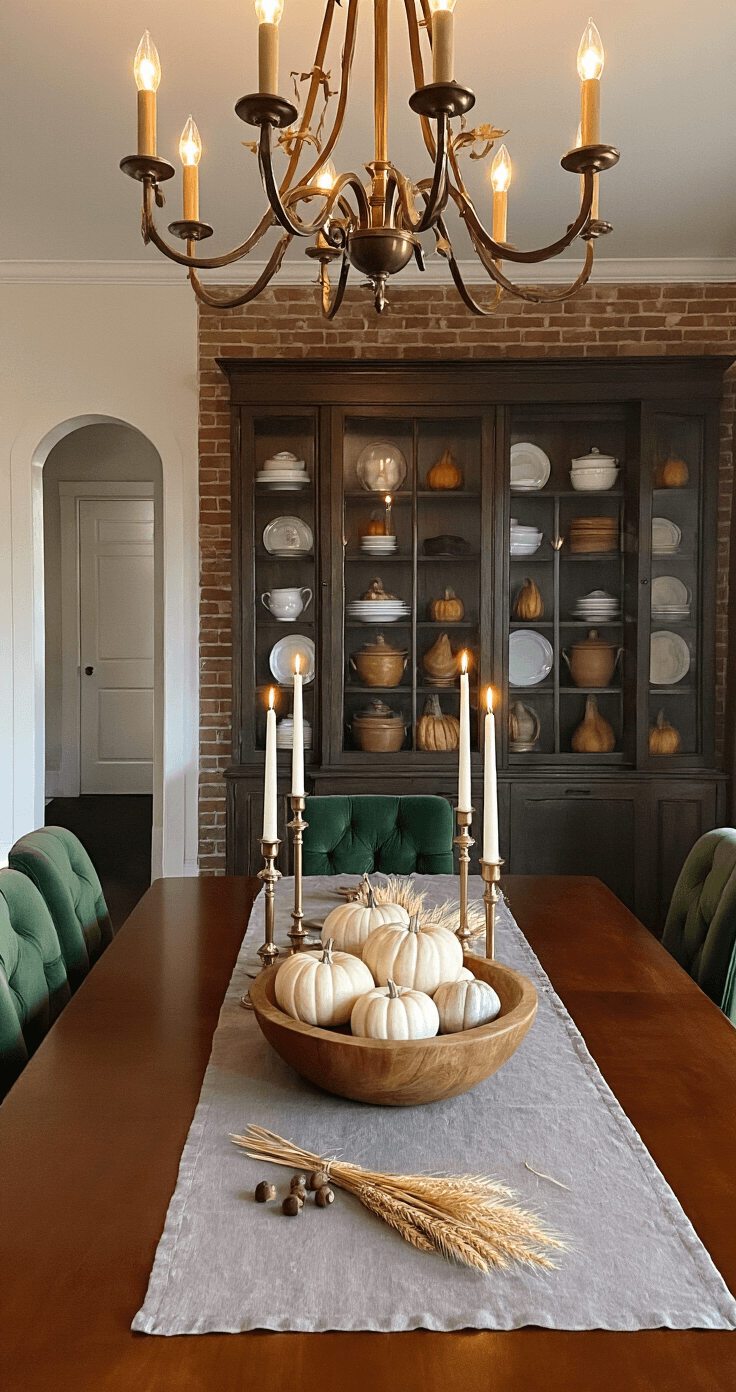 Transform Your Home Into a Cozy Fall Haven: The Complete Guide to Autumn Room Decor Wide angle view of an elegant dining room at dusk, featuring a mahogany table under a warm chandelier glow, adorned with a mushroom gray linen runner, brass candlesticks, and a centerpiece of white pumpkins and dried wheat. Upholstered forest green velvet chairs surround the table, with a built-in china cabinet showcasing earthenware dishes and small gourds against a rustic exposed brick wall.
