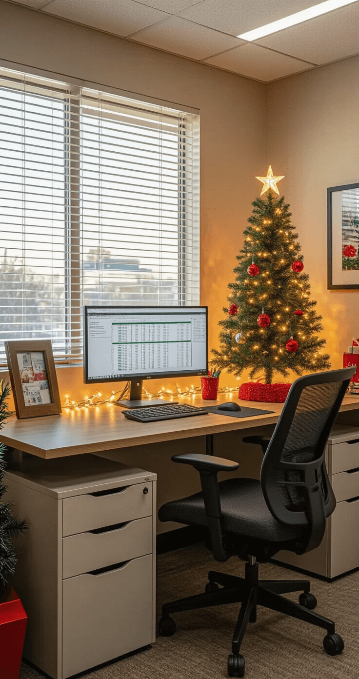 A modern office cubicle workspace with an 18-inch LED-lit artificial Christmas tree on a wooden desk, surrounded by a monitor displaying spreadsheets, an ergonomic chair, and organized supplies, enhanced by warm white string lights and soft afternoon light through venetian blinds, creating a clean and festive atmosphere.