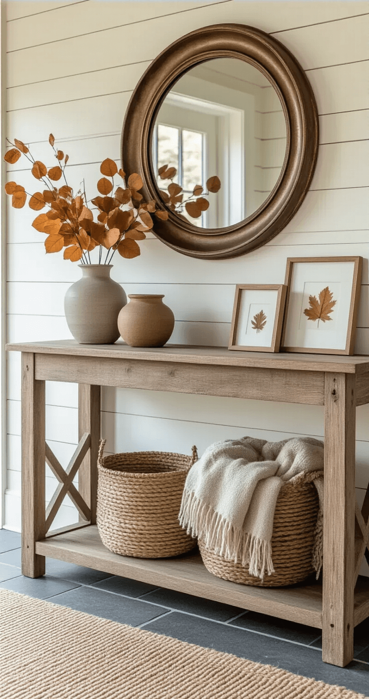 Transform Your Home Into a Cozy Fall Haven: The Complete Guide to Autumn Room Decor Close-up of a welcoming entryway console featuring a weathered wood table against cream shiplap walls, a circular bronze-framed mirror reflecting light, styled with ceramic vessels, pressed autumn leaves in frames, a woven basket of wool scarves, slate tile flooring, a jute runner, a tall vase with dried eucalyptus branches, and a cozy throw on a wooden bench.