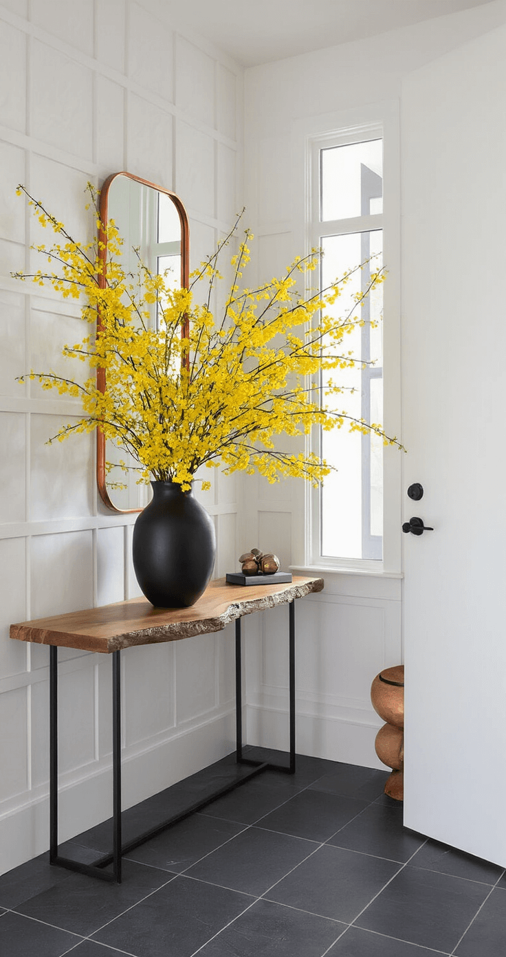 Winter Jasmine: The Vibrant Yellow Harbinger of Spring's Arrival Contemporary entryway featuring geometric wall panels, a live-edge wood console with a tall winter jasmine arrangement in a black ceramic vase, bright light from sidelight windows, white walls, charcoal tile floors, and a copper mirror, all styled minimally with yellow blooms as focal points.