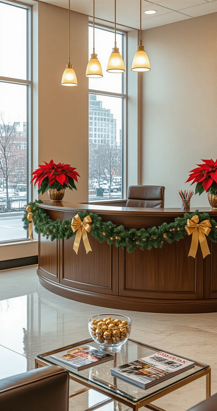 A spacious office reception area featuring a curved wooden desk adorned with green garland and gold ribbon, red poinsettia plants, a bowl of wrapped chocolates, and holiday-themed pens. The polished marble floors reflect warm pendant lighting, while large windows reveal a winter cityscape. The modern seating area includes leather chairs and a glass coffee table with corporate magazines, all bathed in golden hour lighting for a welcoming atmosphere.