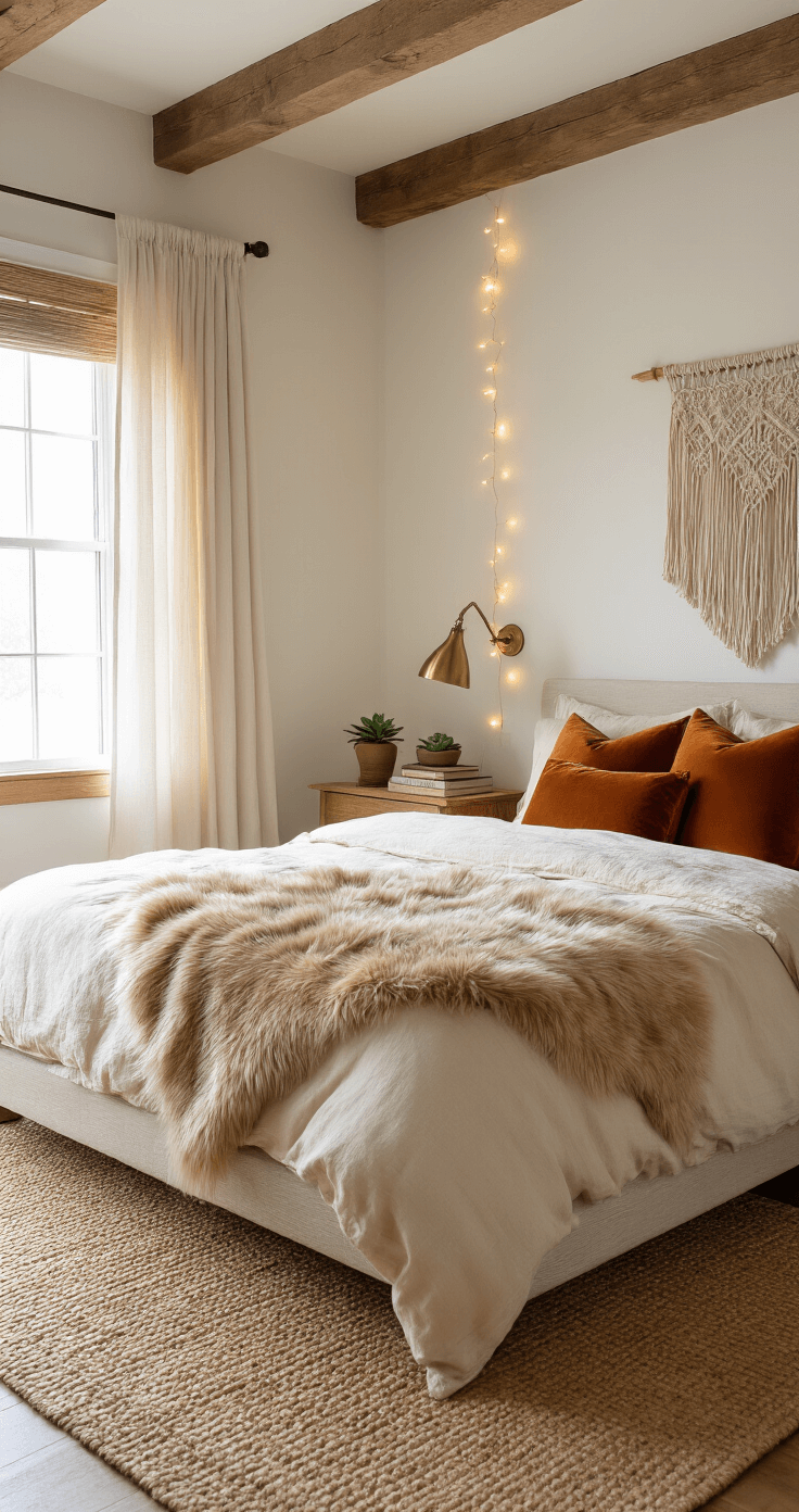 Transform Your Home Into a Cozy Fall Haven: The Complete Guide to Autumn Room Decor A cozy bedroom corner featuring a platform bed with layered textiles, soft morning light filtering through linen curtains, a natural oak nightstand with a brass lamp and vintage books, a jute rug, and a macrame wall hanging, all enhanced by ambient string lights.