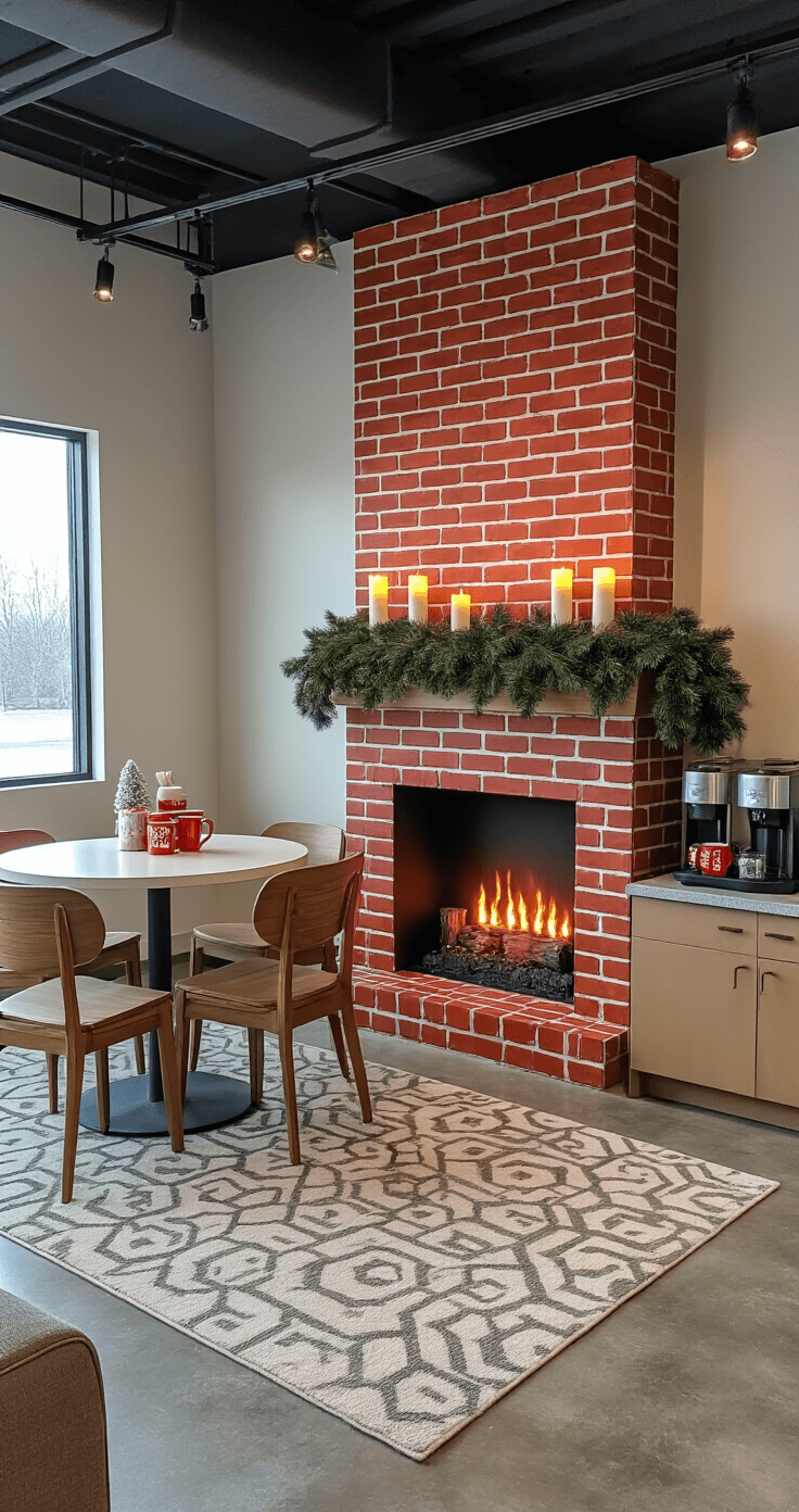 Cozy break room corner transformed with a faux brick fireplace, flickering LED candles, evergreen garland, round table, and a coffee station amidst an inviting setting.