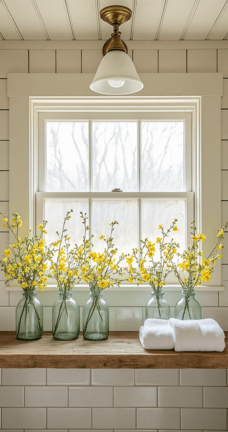 Winter Jasmine: The Vibrant Yellow Harbinger of Spring's Arrival Rustic bathroom vanity with beadboard ceiling, frosted window casting soft morning light, vintage milk glass bottles with winter jasmine, reclaimed wood shelf, subway tiles, brass fixtures, and linen hand towels, showcasing farmhouse charm with delicate yellow flowers for added elegance.