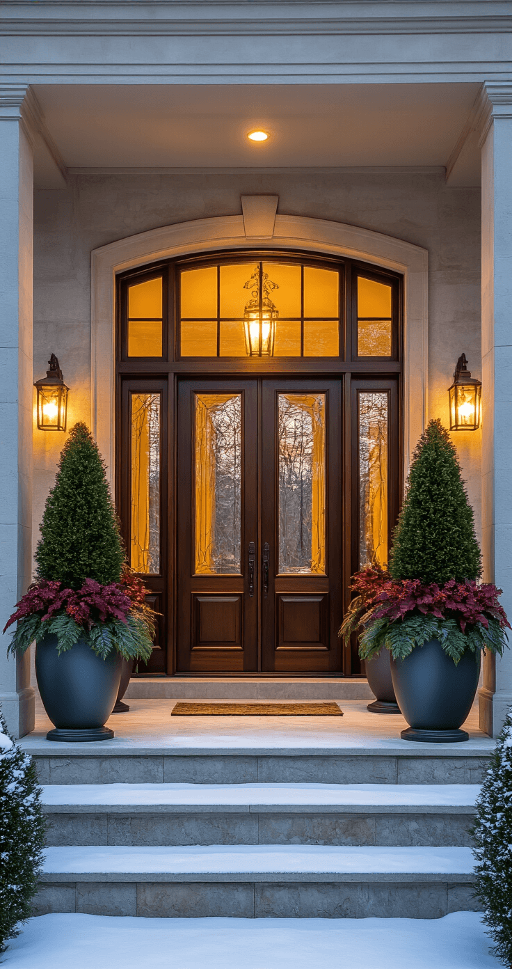 Winter Planters: Create Stunning Outdoor Displays That Thrive in Cold Weather Cinematic wide shot of a grand home's front entrance, featuring large frost-resistant fiberglass planters with dwarf Alberta spruce and emerald boxwood, flanking mahogany double doors. Warm light spills from windows onto snow-dusted steps, with dramatic shadows and highlights on textured concrete walls and metallic planter surfaces.