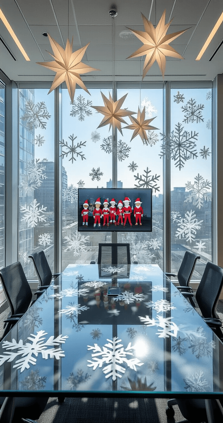 Bright conference room with elaborate white paper snowflakes on windows, a modern glass table with ergonomic chairs, and a presentation screen showing holiday-themed colleague photos. 3D metallic paper stars hang from the ceiling, with a mix of cool daylight and warm recessed lighting, captured from the head of the table.