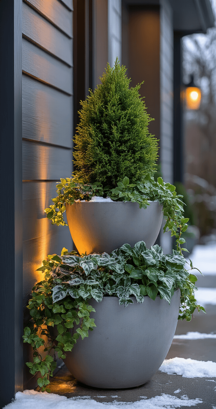 Winter Planters: Create Stunning Outdoor Displays That Thrive in Cold Weather Elegant entryway styled at dusk featuring sophisticated concrete polymer planters with emerald juniper, silver-green heuchera, and trailing ivy, all illuminated by warm LED pathway lighting against charcoal gray siding with a light dusting of snow.