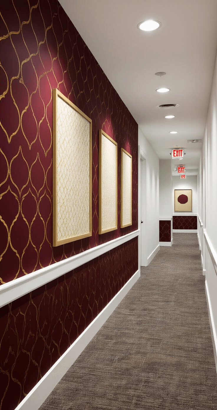 Contemporary office hallway adorned with burgundy and gold geometric patterned removable wrapping paper on lower walls, sleek bulletin boards showcasing team announcements, and dramatic LED track lighting, all while ensuring safety with clear sight lines and visible emergency exit signs.